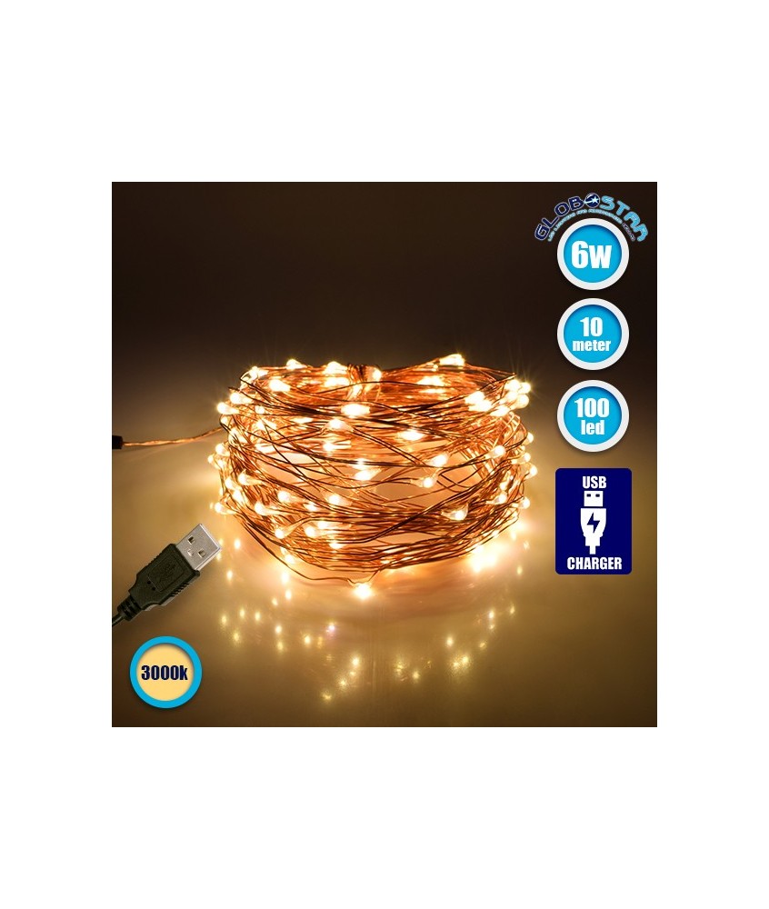 79722 Διακοσμητική Γιρλάντα 10 Μέτρων 100 LED USB 5 Volt 6 Watt με Χάλκινο Συρμάτινο Καλώδιο Θερμό Λευκό 3000K